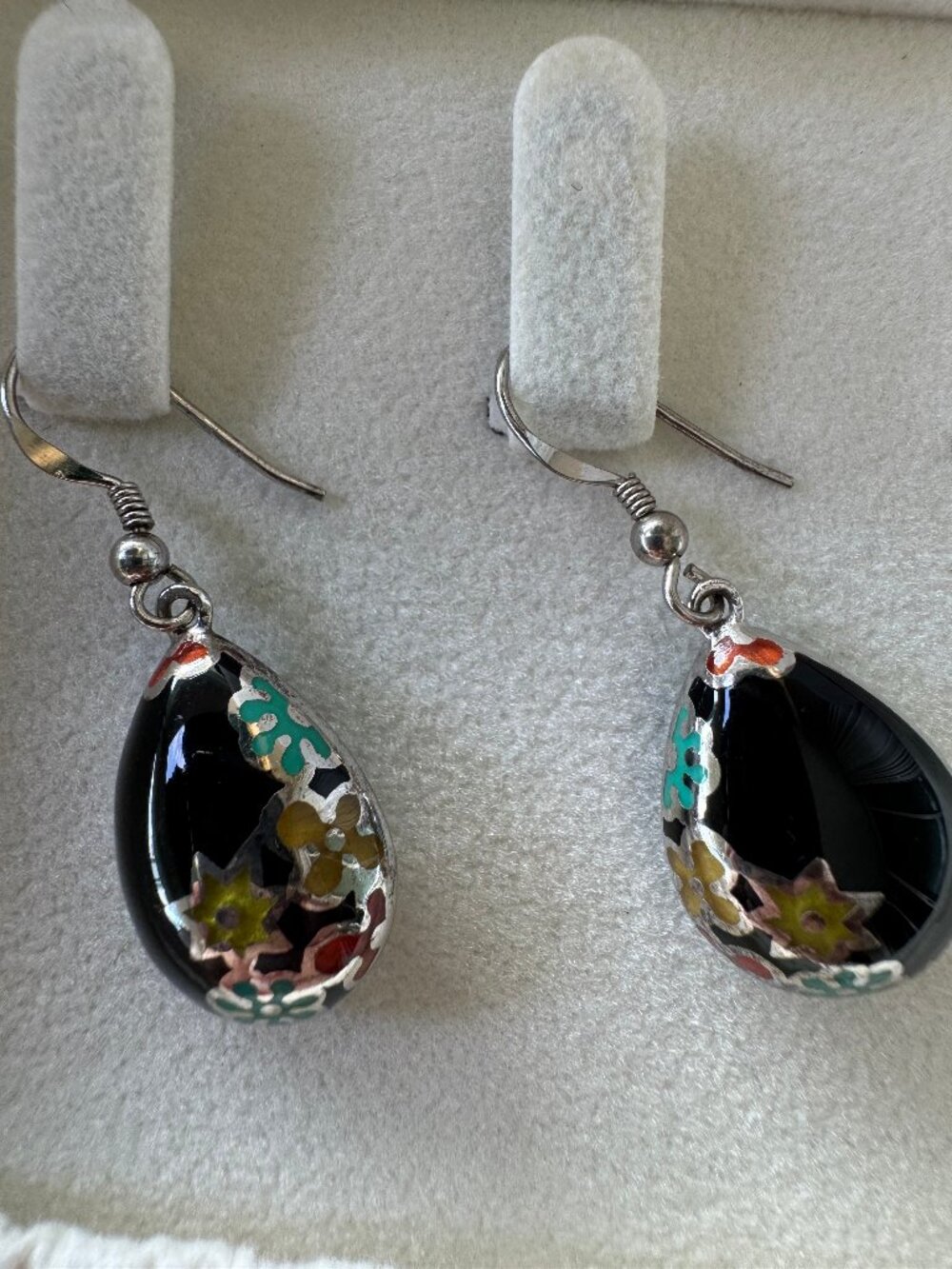 Alan K Design 925 Sterling Silver Black Onyx Floral Enamel Teardrop Dangle Earri